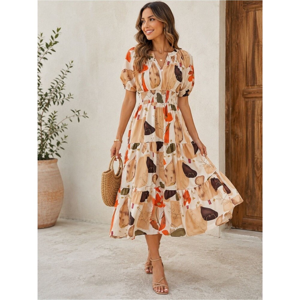 Entro Women’s Floral Midi Dress Size S Beige Orange Smocked Puff Sleeve